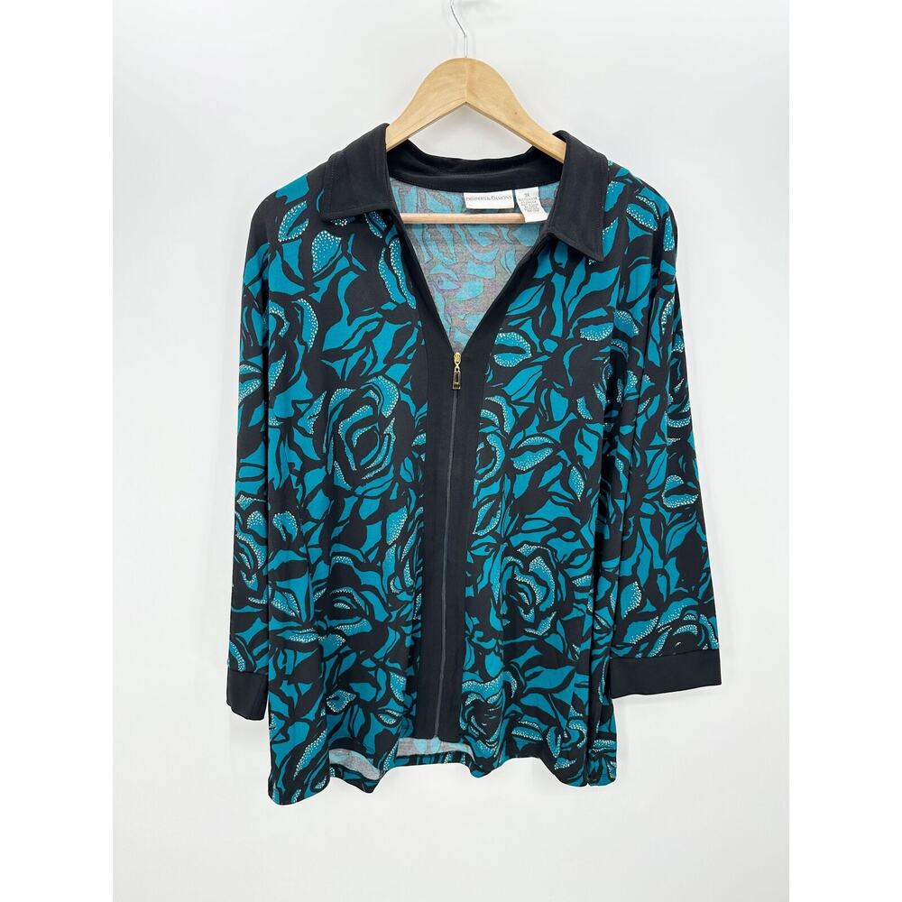 Drapers & Damons Full Zip Jacket Blue Black Floral Rose Print 3X‎ Slinky 3/4 Slv